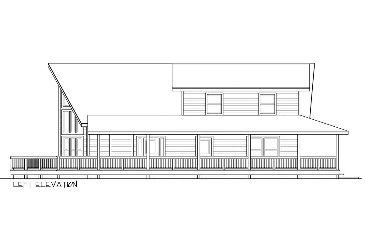 Left elevation house plan with full-length wrap-around porch, multi-story structure, and a prominent shed roofline on the right.