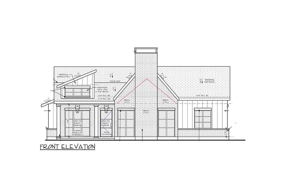 Front elevation house plan drawing showing brick, vertical siding, gables, dormer, and front porches.