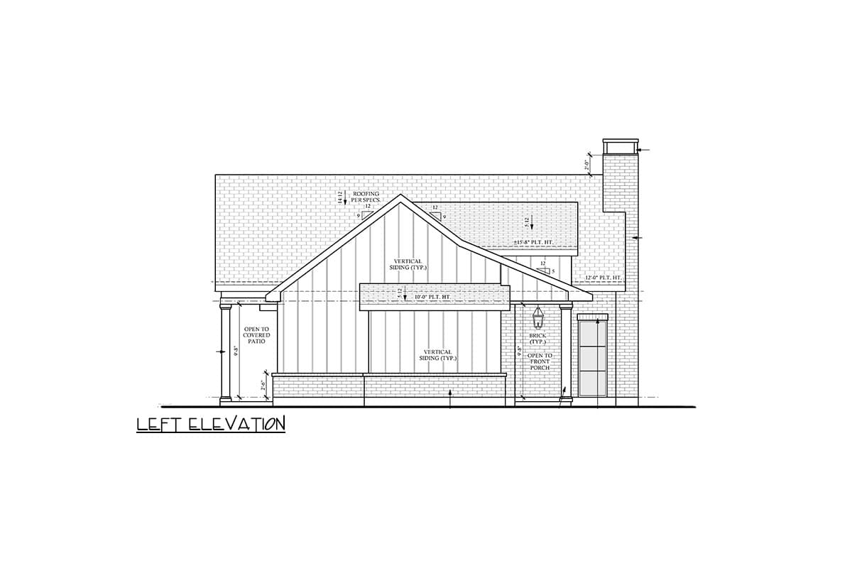 Left elevation house plan featuring vertical siding, brick base, covered patio, and open front porch.