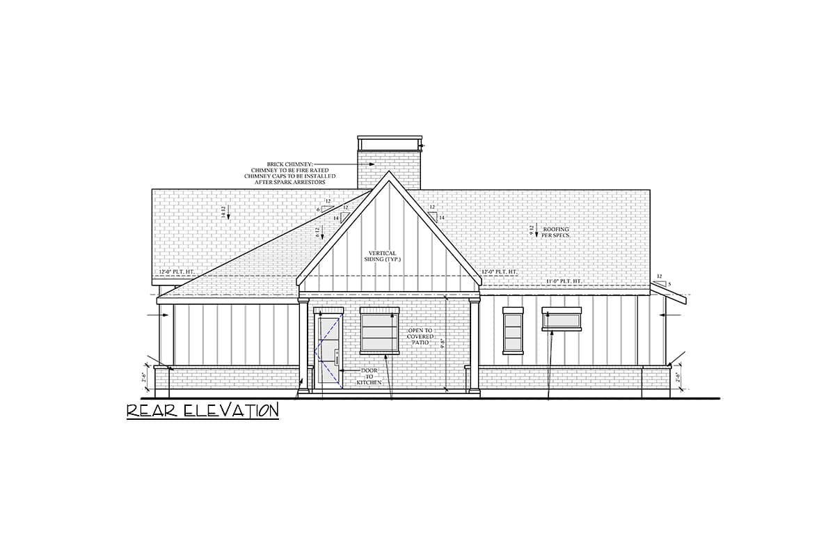 Rear elevation drawing of a house plan with brick chimney, vertical siding, covered patio, and multiple windows.