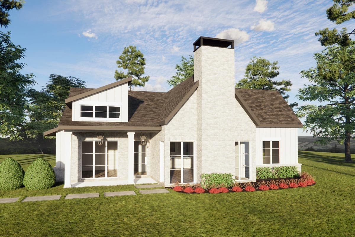 House plan exterior. Two-story Modern Farmhouse with a gabled roof, brick chimney, and covered porch with pillars.
