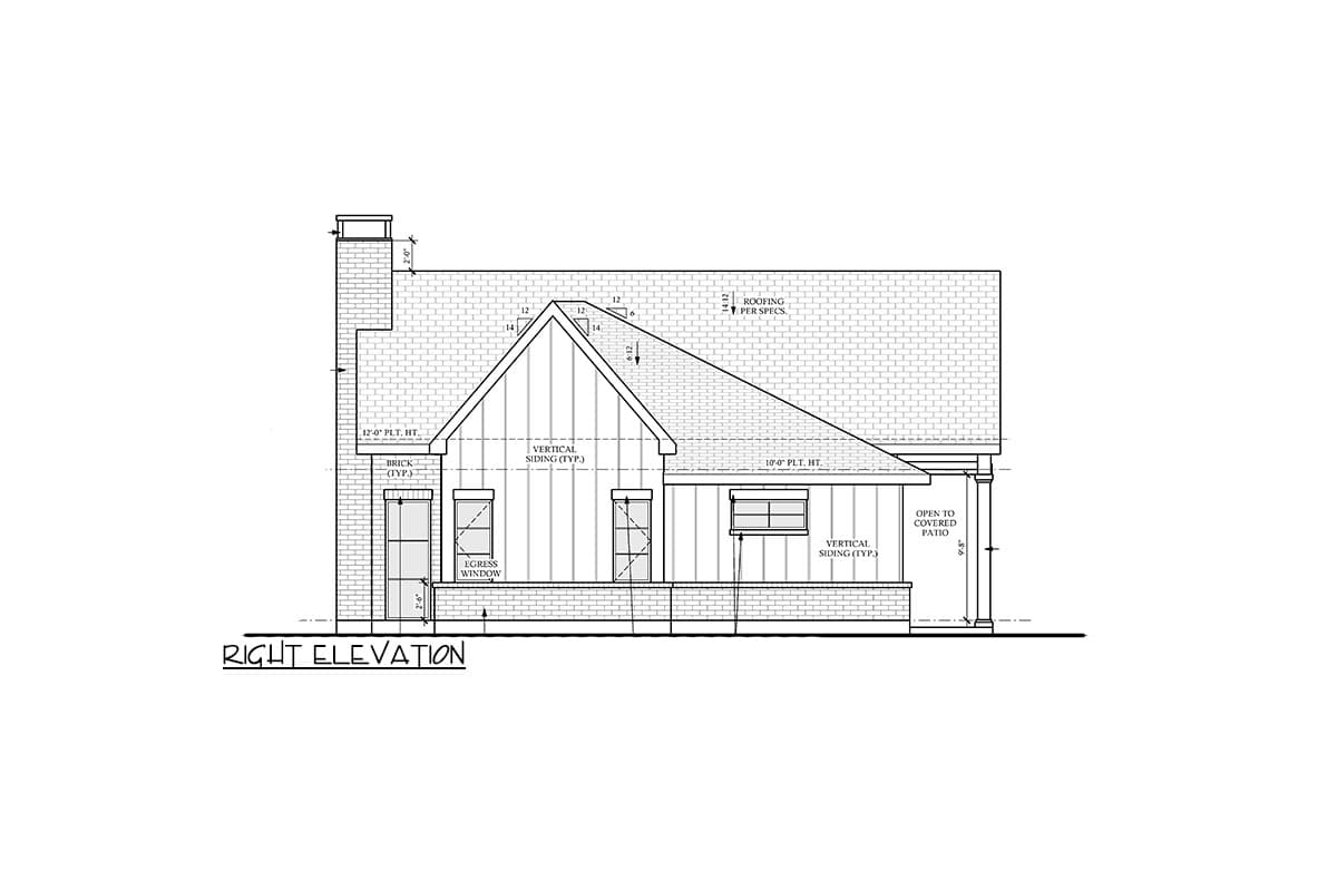 Right elevation house plan showing brick, vertical siding, gabled roof, chimney, and covered patio.