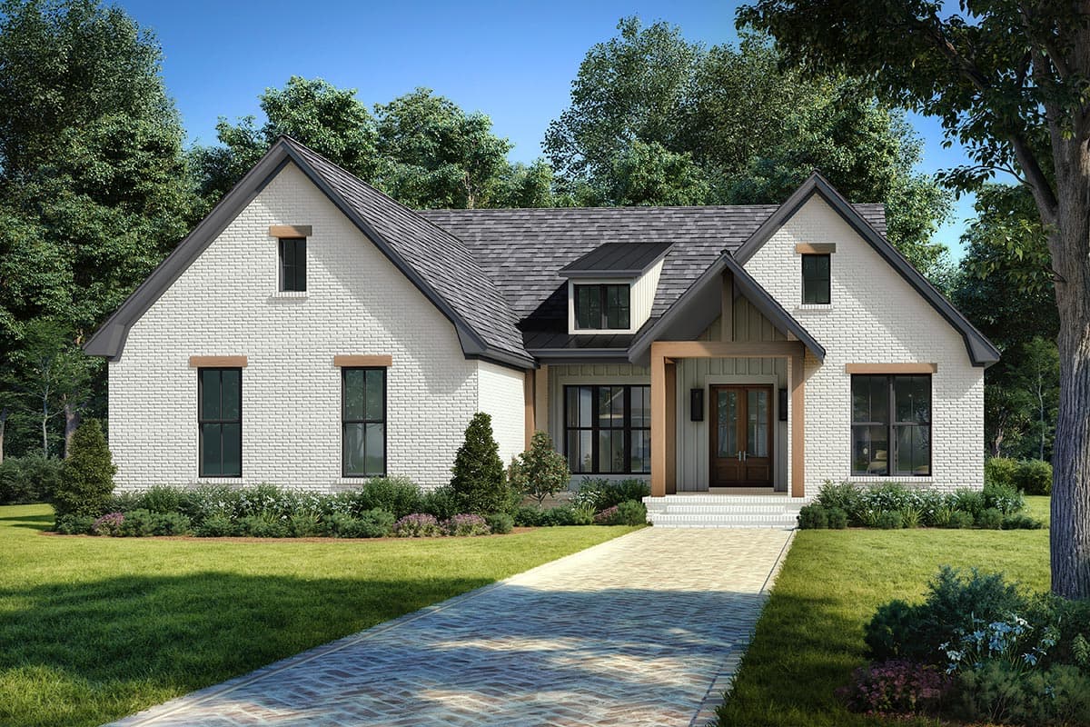 Modern Farmhouse style house plan exterior with white brick, gables, dormer, and covered entry with wood beams.