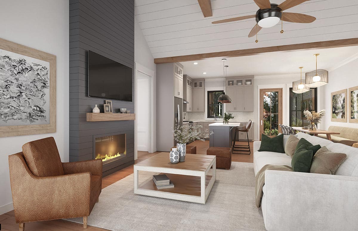Interior rendering of a living room with a fireplace, open kitchen with island, and dining area.