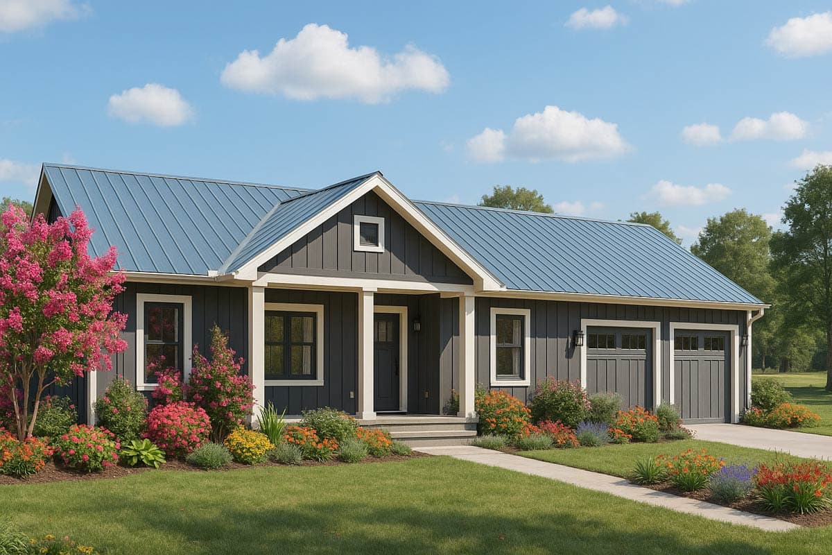 House plan exterior of a one-story Modern Farmhouse with a blue metal roof, gabled entrance, and a two-car garage.