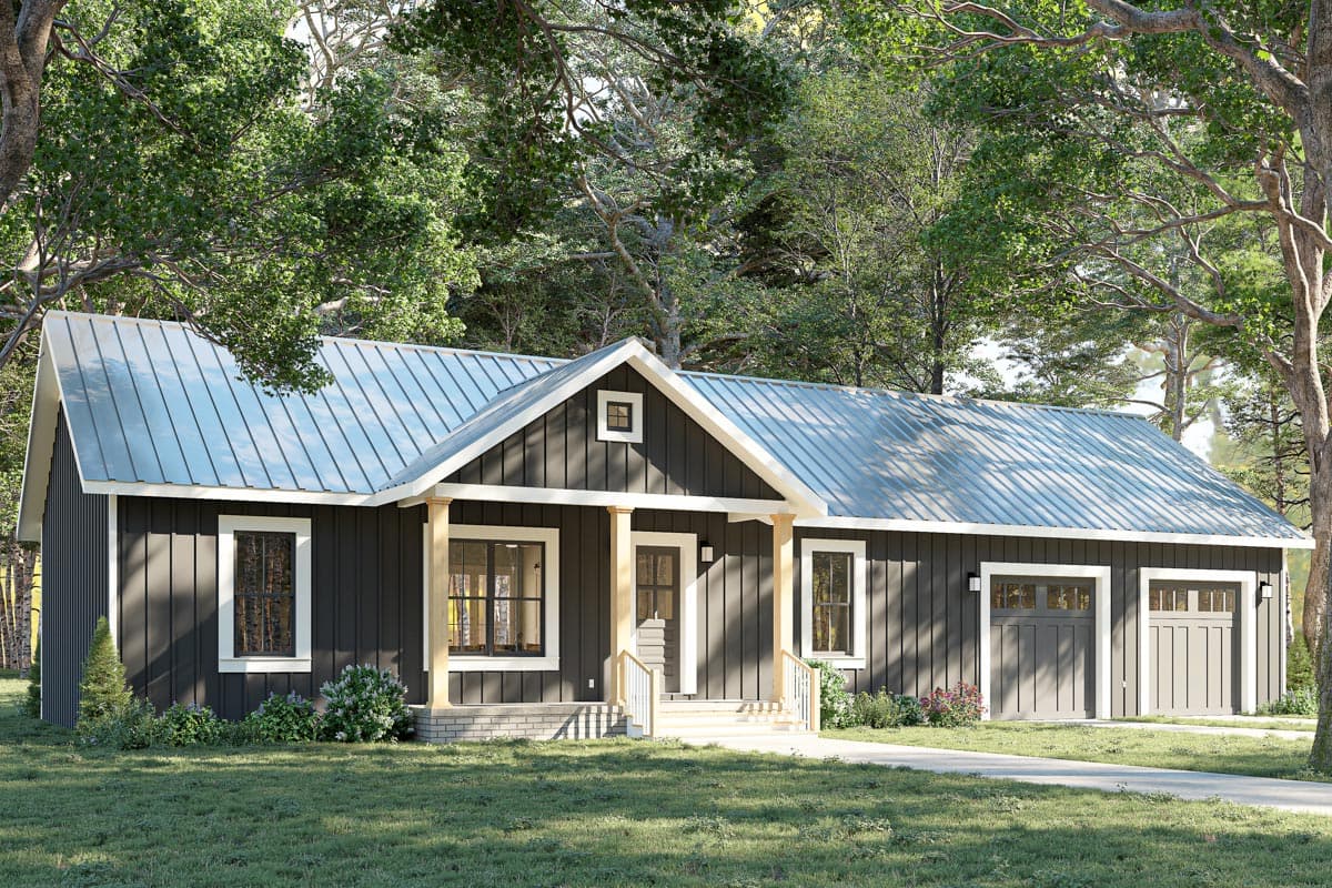 House plan exterior with board and batten siding, metal roof, and a front porch with columns. Features a two-car garage.