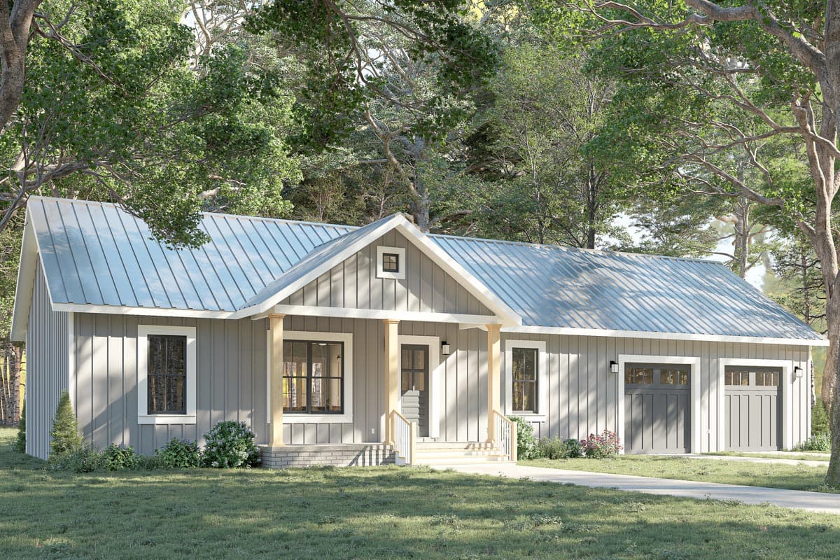 Modern Farmhouse house plan exterior, one story, with a metal roof, front porch with wood columns, and a two-car garage.