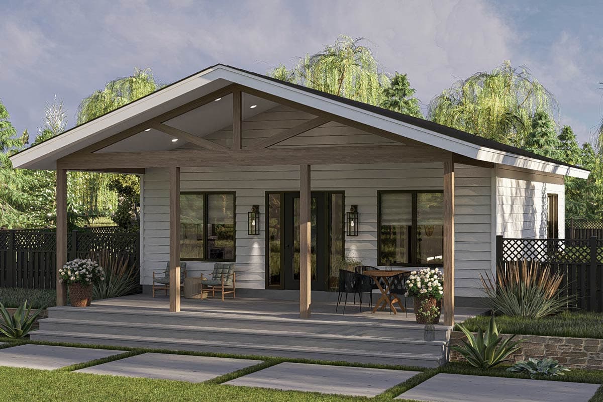 House plan exterior with a single story, covered porch, and exposed roof trusses. Features include a gable roof and exterior sconces.