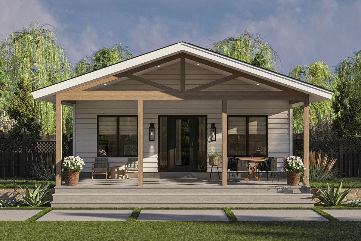 House plan exterior: One-story Modern Farmhouse with covered porch, gabled roof, and horizontal siding.