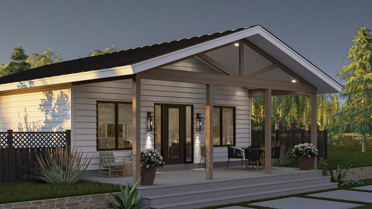 Modern house plan exterior, one story with a covered porch, exposed beam gables, and horizontal siding.