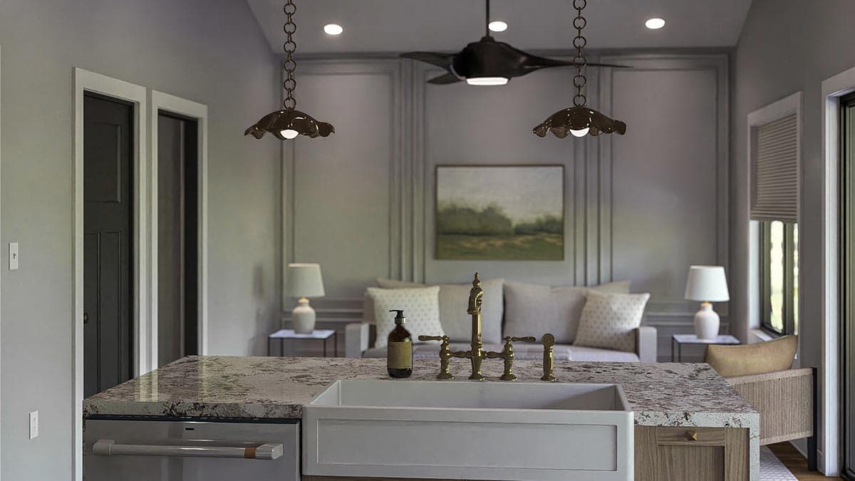 Kitchen rendering with farmhouse sink, granite island, pendant lights, and view of living area with sofa and landscape art.