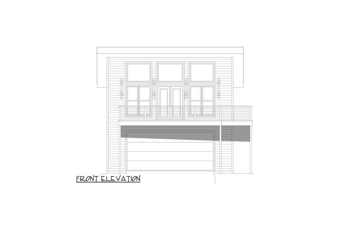 Front elevation drawing of a two-story house plan with a large garage door, balcony, and multiple windows.