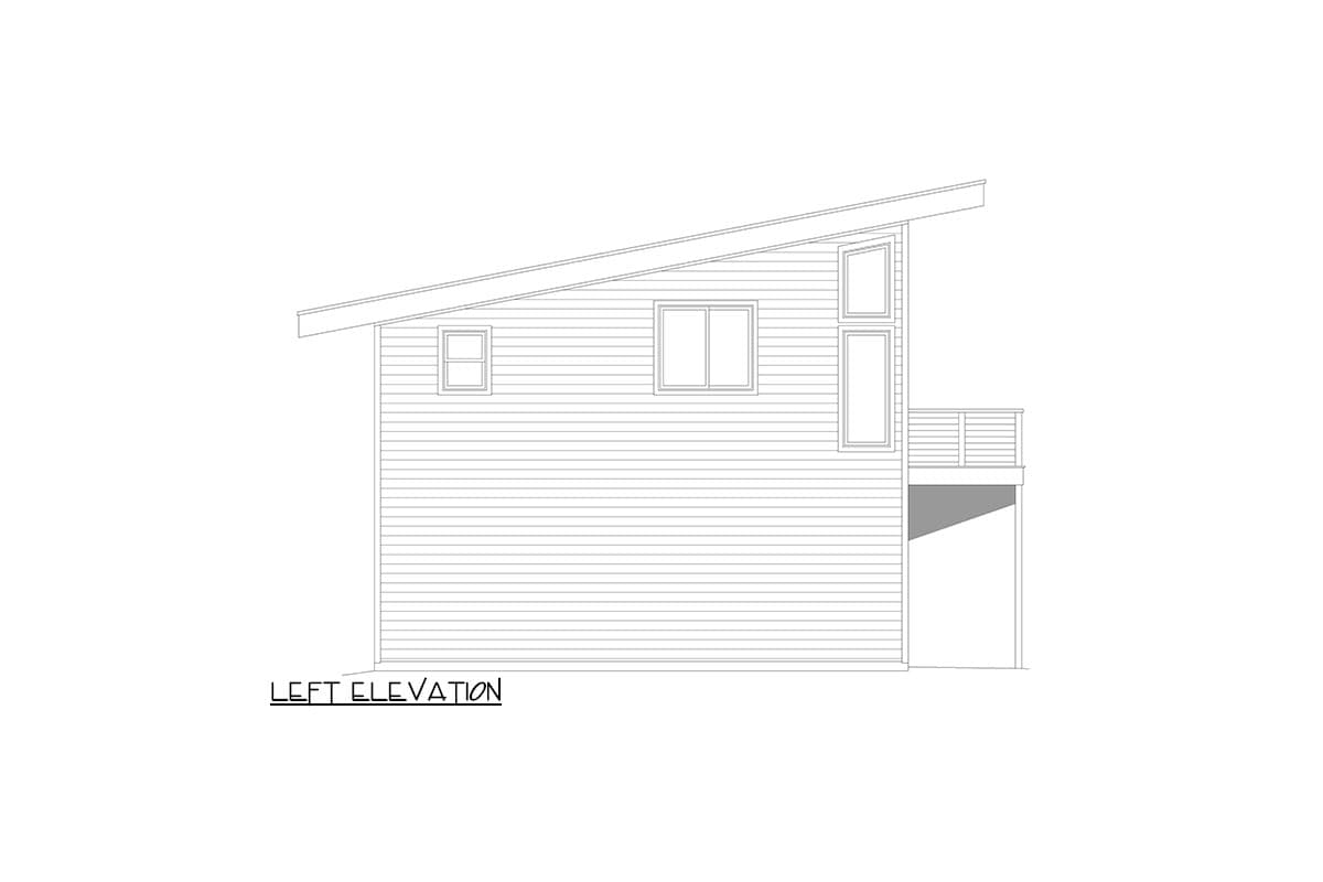 Left elevation drawing of house with shed roof, horizontal siding, and varied window sizes including stacked vertical windows.
