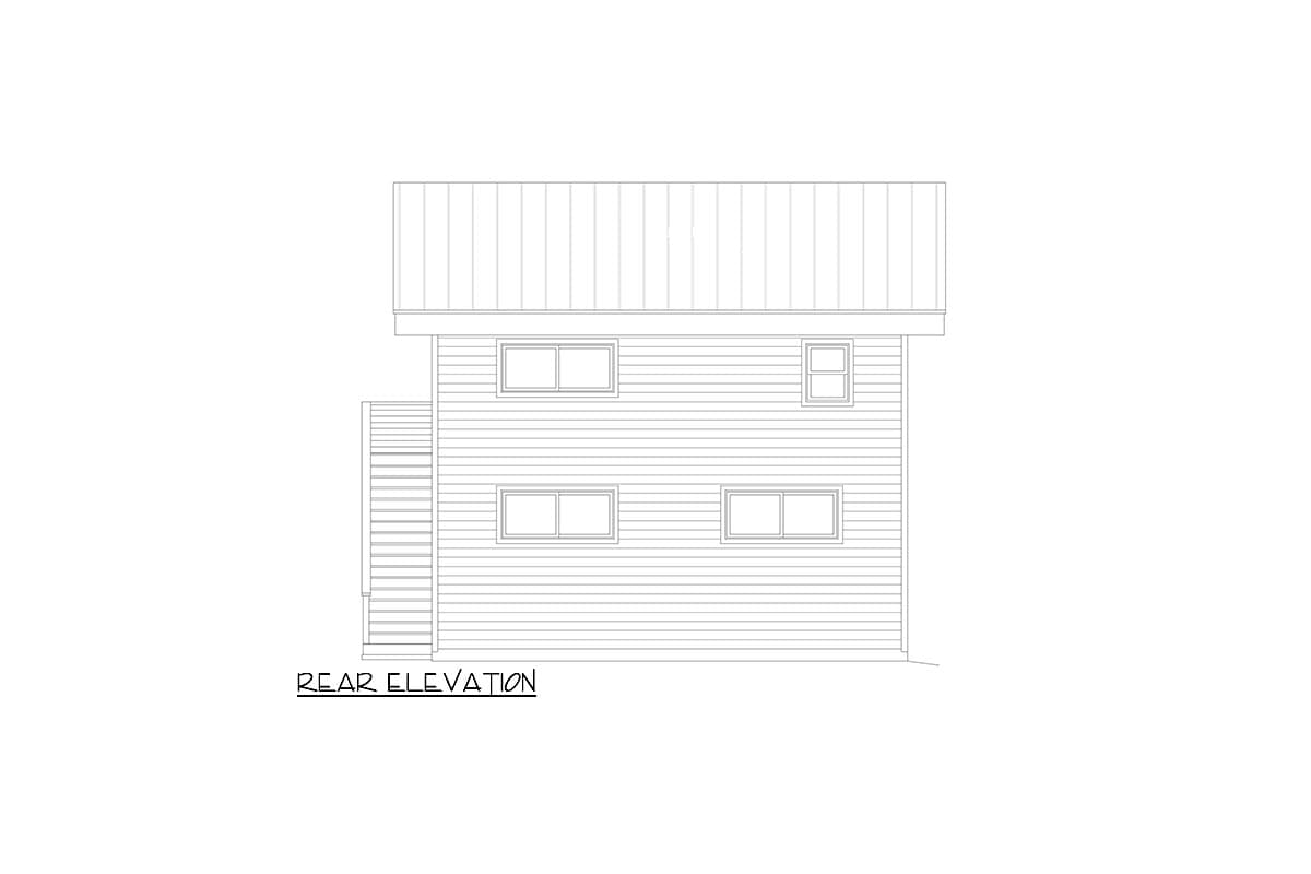 Rear elevation drawing of a two-story house with horizontal siding, a metal roof, and five windows.