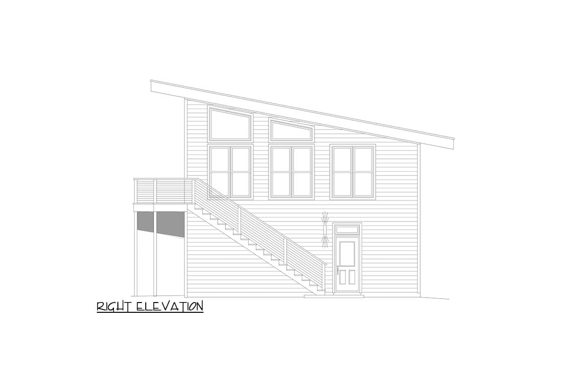 Right elevation house plan with sloped roof, multiple windows, deck, stairs, and central door.