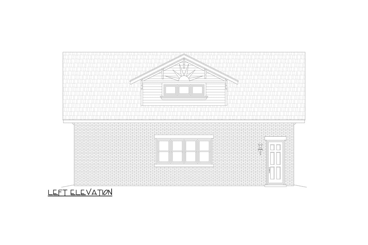 Left elevation drawing of house plan showing brick facade, central window, and a peaked dormer with sunburst detail.