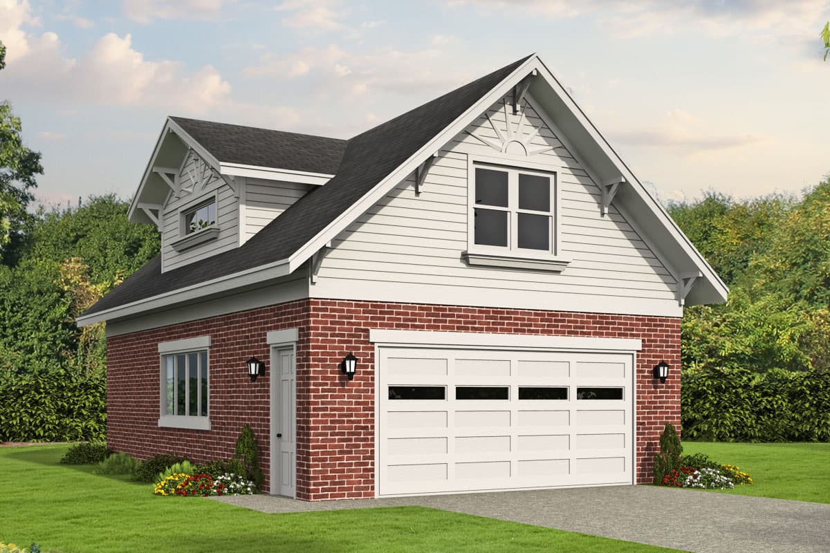 House plan exterior. Two-story structure with gable roof, dormer, and a garage door on the ground floor. Exterior features brick and siding.