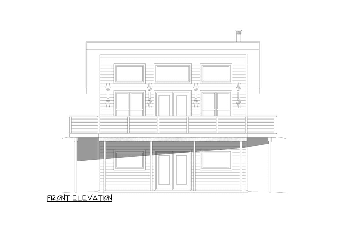 Front elevation drawing of a two-story house with a deck, multiple windows, and double doors.