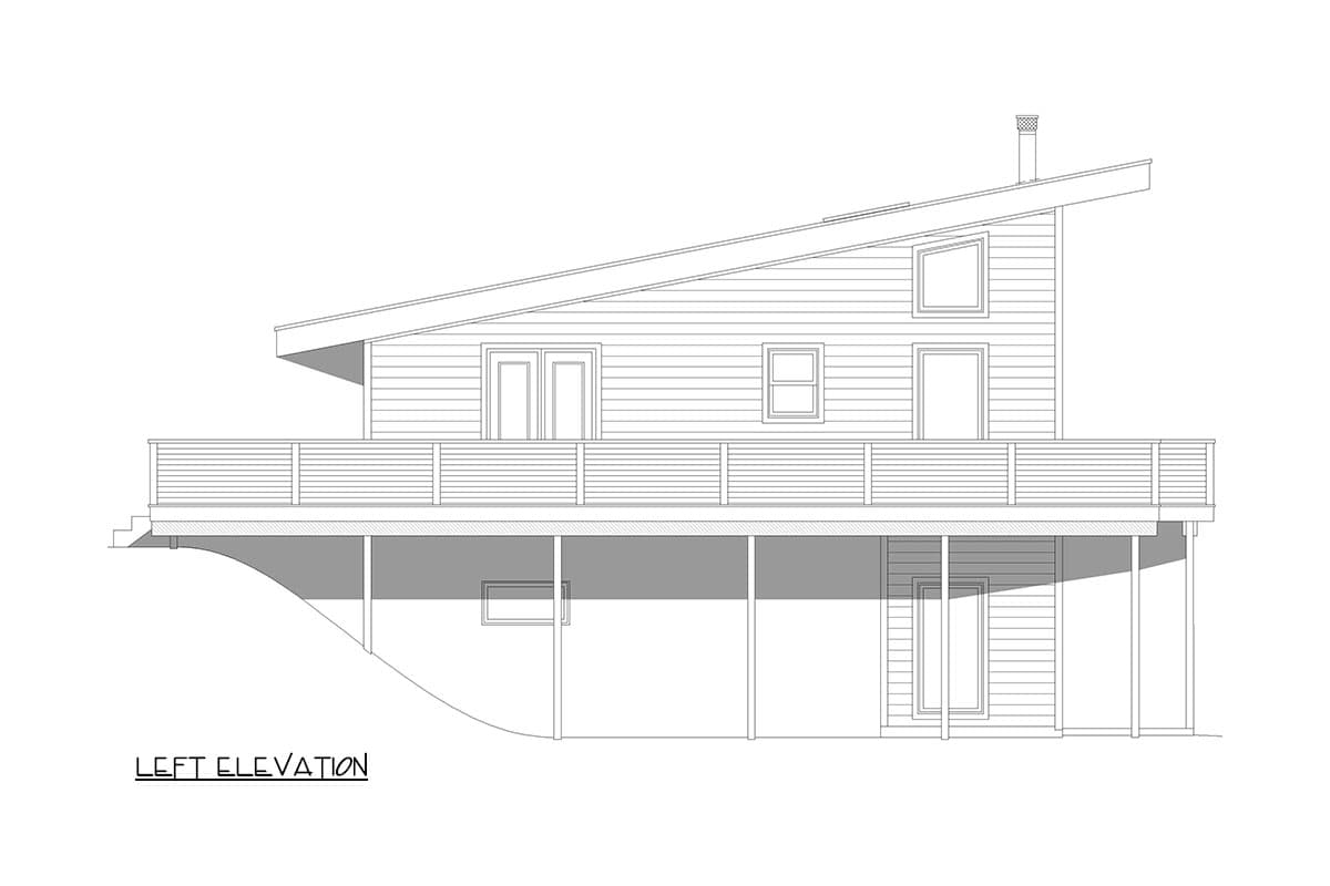 Left elevation drawing of a two-story house with a sloping roof, large deck, and a partially visible lower level.