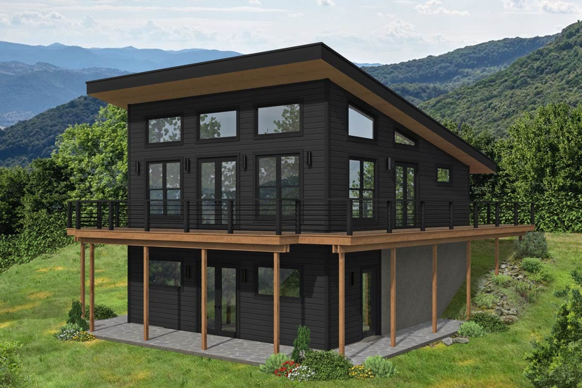 House plan exterior. Two-story modern home with a flat roof, elevated deck, and large windows. The home features a black exterior and a modern design.