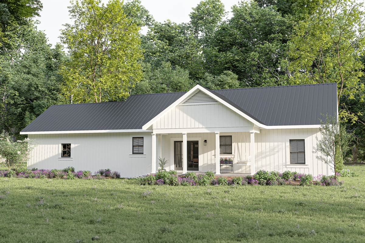 House plan exterior: Modern Farmhouse style, one story, with a covered front porch, gabled front, and metal roof.