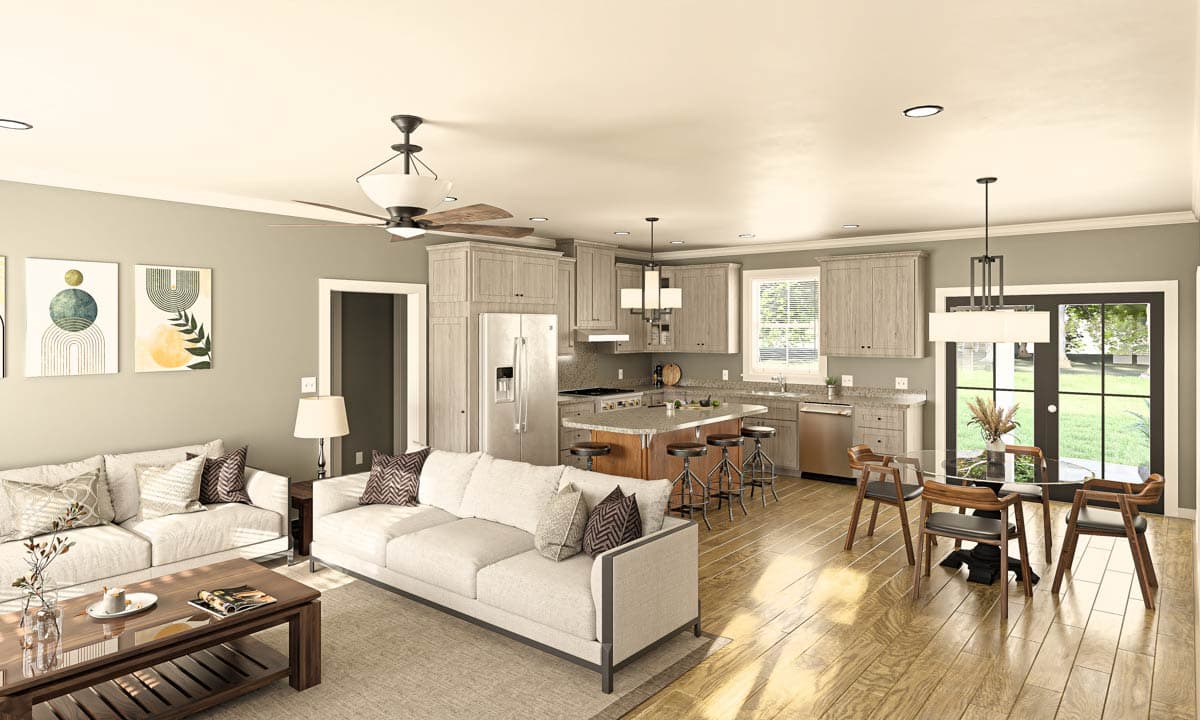 Open concept living space with kitchen island, dining area, and sofas.