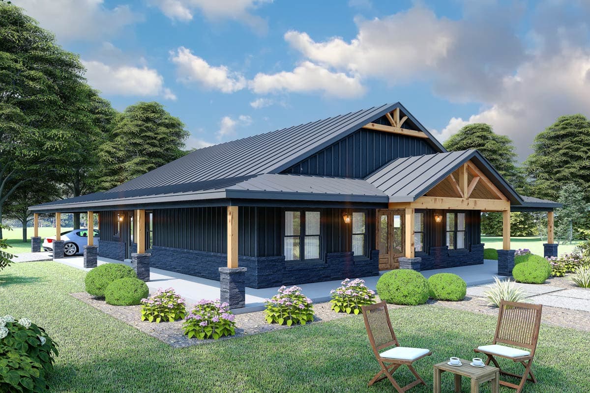 House plan exterior. One-story Modern Farmhouse with a gabled roof, covered porch with exposed timber supports, and metal roof.