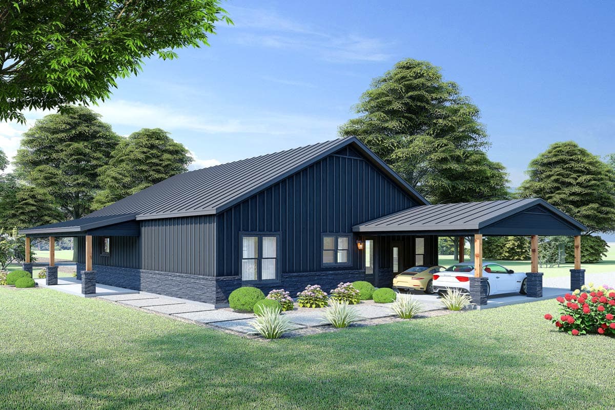 House plan exterior: Single-story Modern Farmhouse with dark vertical siding, stone base, gable roof, and attached two-car carport.