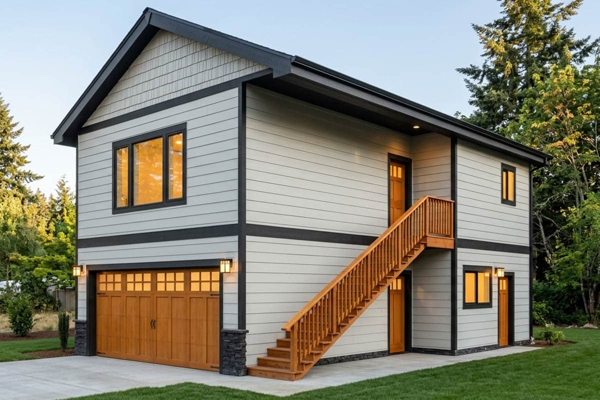 House plan exterior. Two-story home with a gabled roof, two-car garage, and exterior staircase leading to the upper level door.