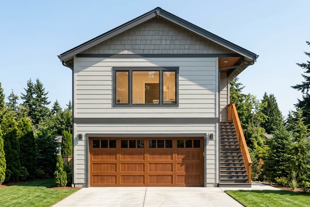 House plan exterior: Two-story home with attached garage, multi-pane window, and exterior stairs. Horizontal and shingle siding.