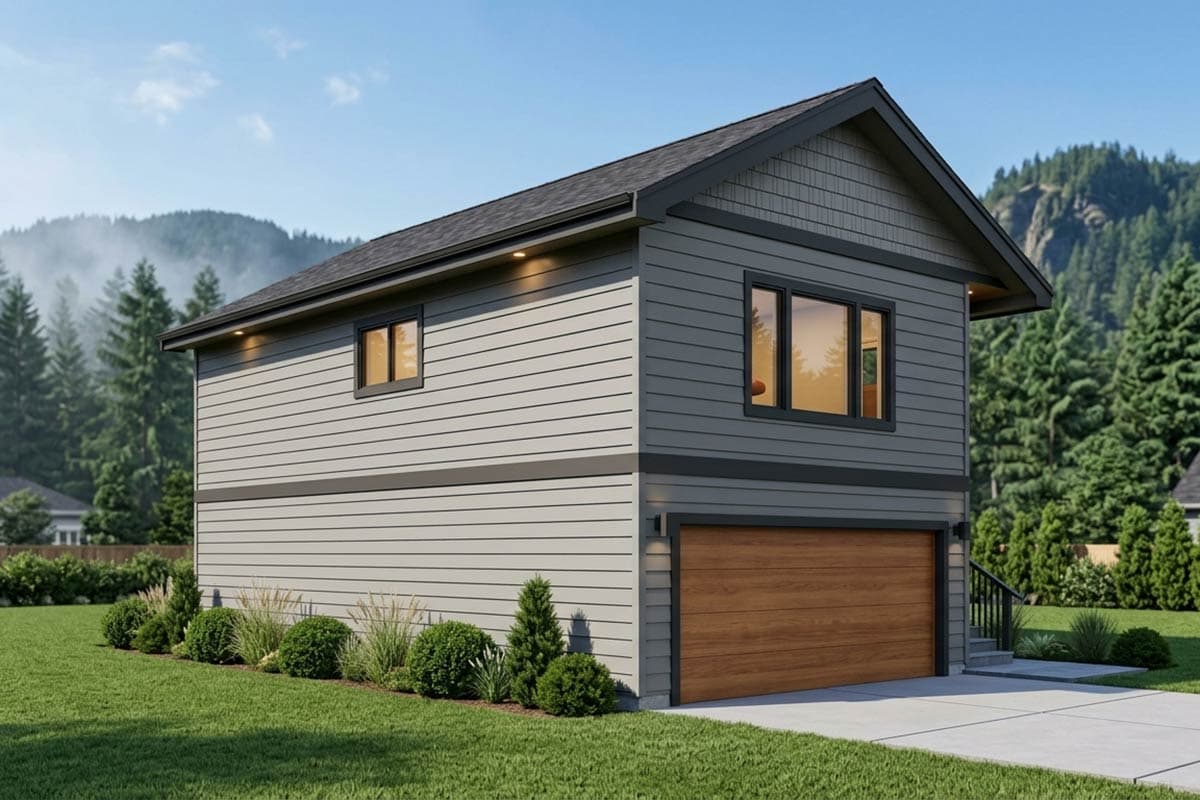 House plan exterior, two stories, horizontal siding, and three windows.