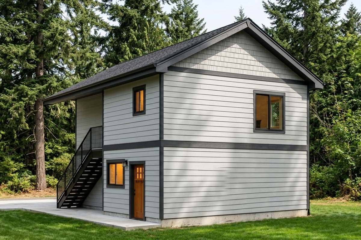House plan exterior: two-story structure with horizontal siding, prominent external staircase, and gabled roof.