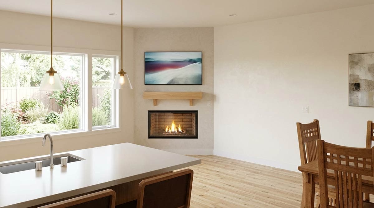 Interior rendering of a room with hardwood floors, large multi-pane window, and brick fireplace.