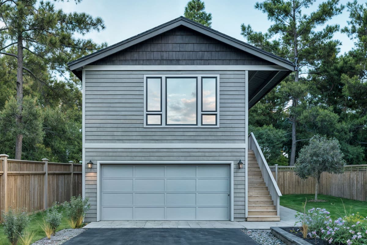 House plan exterior: Two-story home with attached garage, multi-pane window, and exterior stairs. Horizontal and shingle siding.