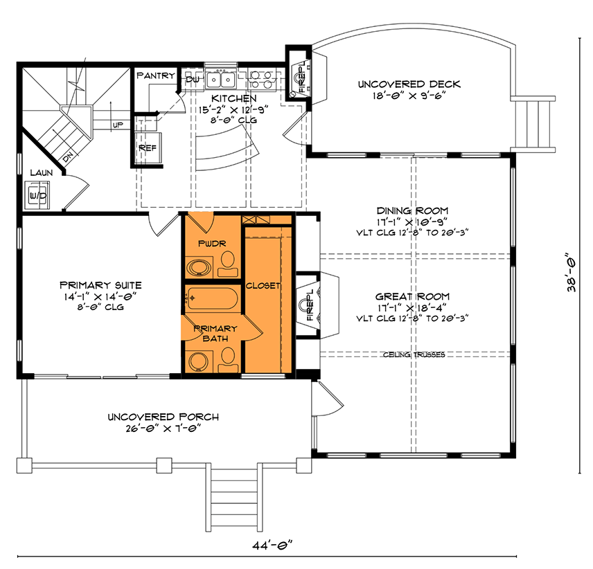 Plan 520014RKY: 3-Bed Mountain Cabin House Plan with Two-Story Great Room - 1815 Sq Ft - Floor Plan - Alternate Primary Bath Layout - Cabin, Mountain, Rustic, Vacation