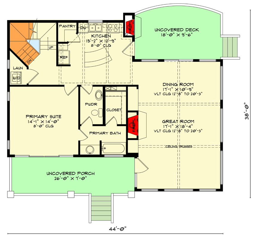 Plan 520014RKY: 3-Bed Mountain Cabin House Plan with Two-Story Great Room - 1815 Sq Ft - Floor Plan - Main Level - Cabin, Mountain, Rustic, Vacation