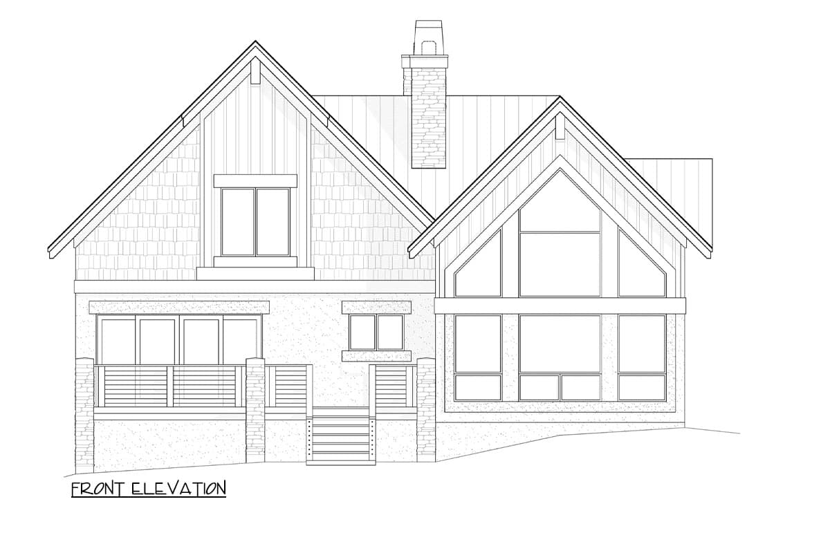 Front elevation drawing of a two-story house with multiple gables, stone chimney, and large windows.