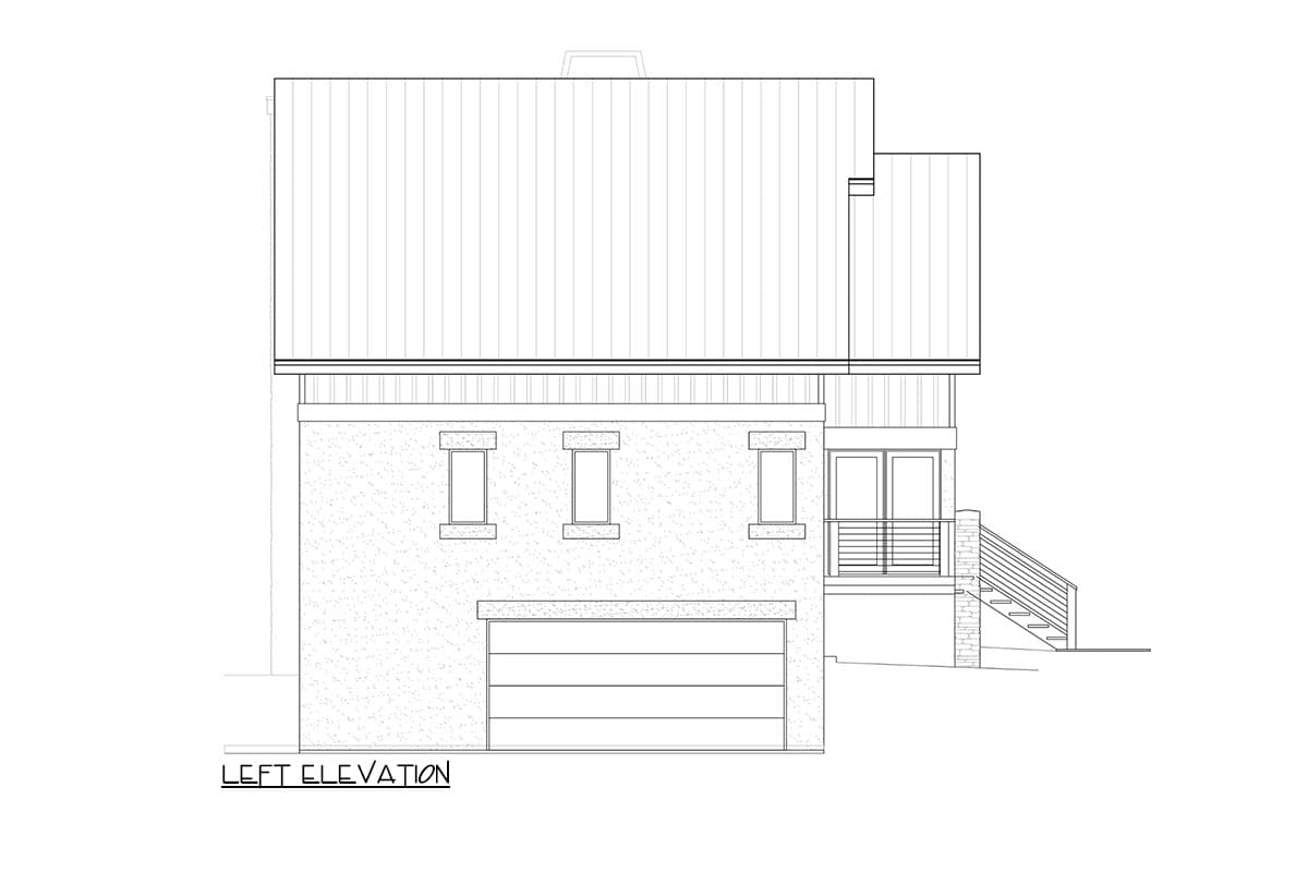 Left elevation drawing of a two-story house plan featuring a garage, three windows, a second-story entrance with a balcony, and a sloped metal roof.