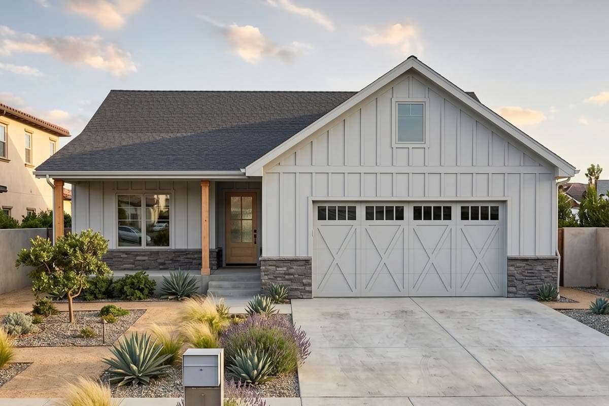 Modern Farmhouse house plan exterior with board and batten siding, stone base, gabled roof, and two-car garage.