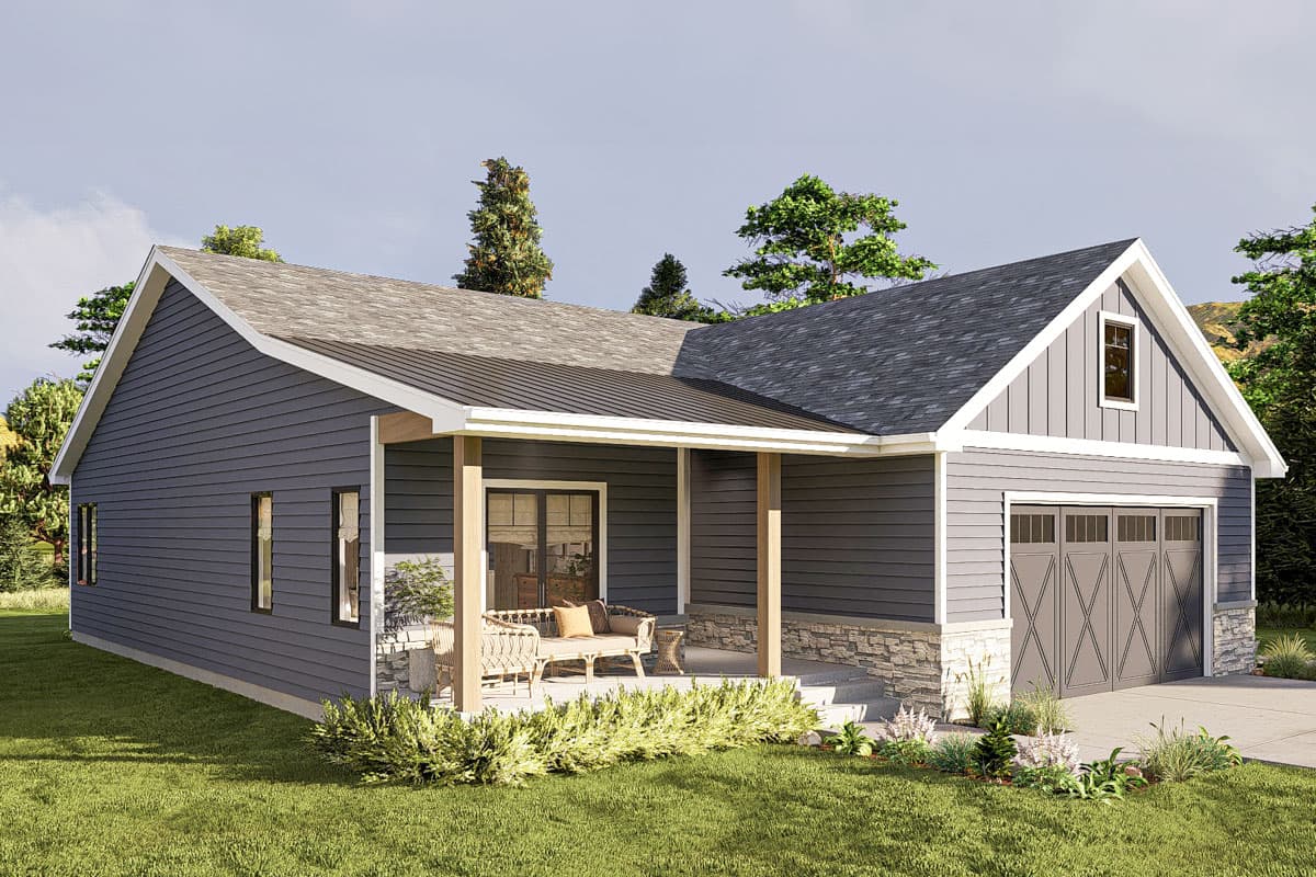 House plan exterior: one-story, siding, stone accents, covered porch with wood posts, and a two-car garage.