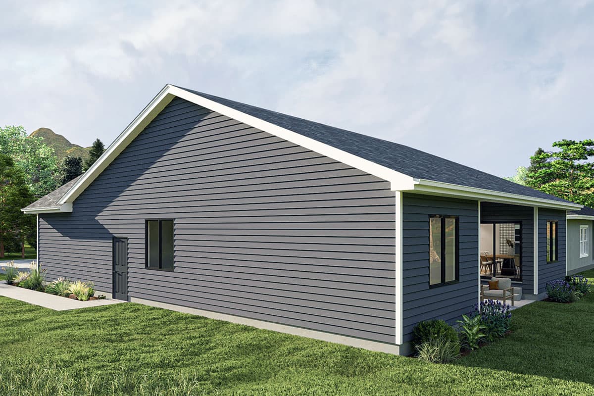House plan exterior: single-story home with dark gray horizontal siding, a prominent gable, and a covered rear patio.