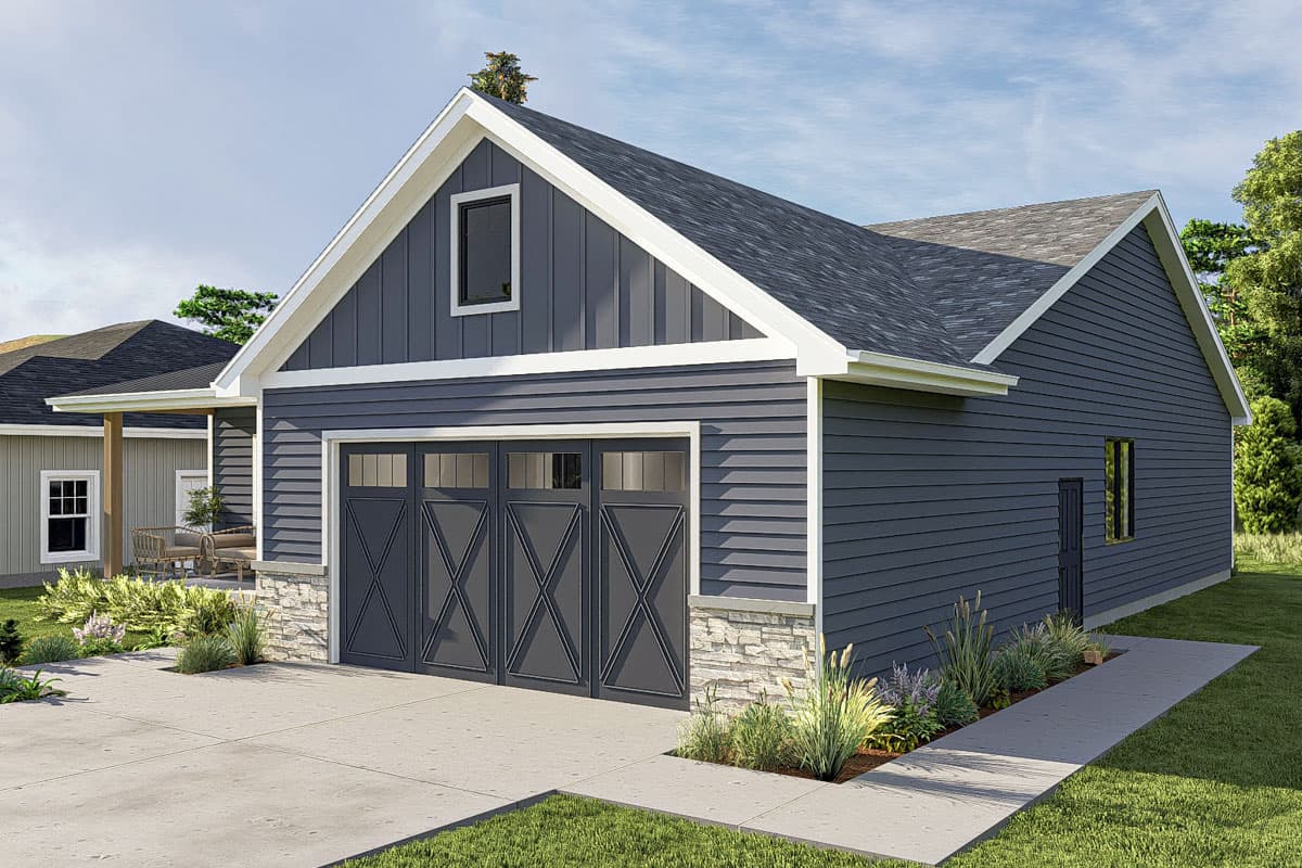 House plan exterior with two-car garage, stone base, and gable dormer.