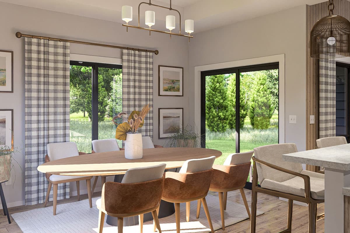 Dining area rendering with oval table, upholstered chairs, large windows, plaid curtains, and contemporary chandelier.