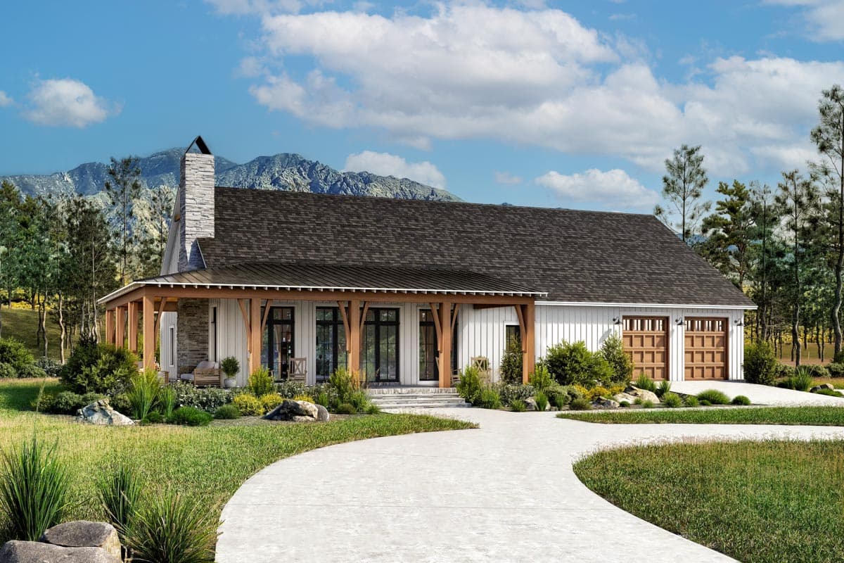 House plan exterior with Craftsman style, one story, a covered porch, stone chimney, and attached garage with wood panel doors.