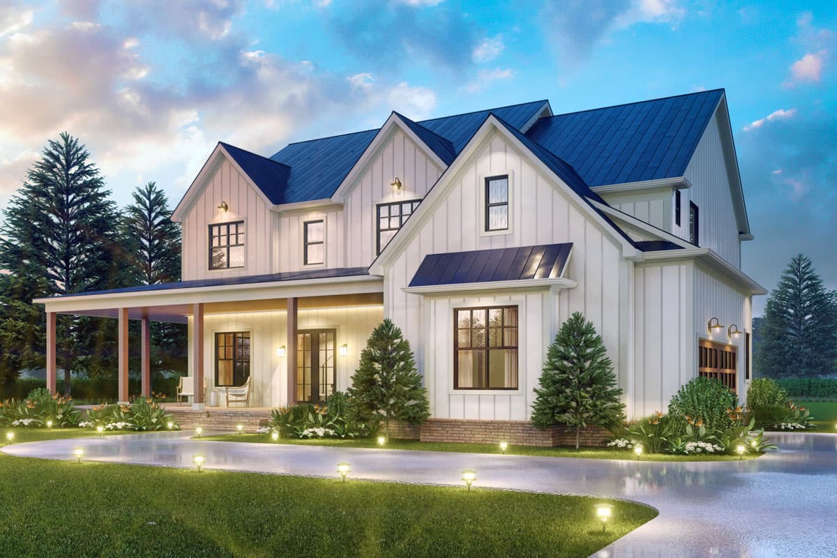 Modern Farmhouse house plan exterior, two stories, with a wraparound porch, board and batten siding, and metal roof.
