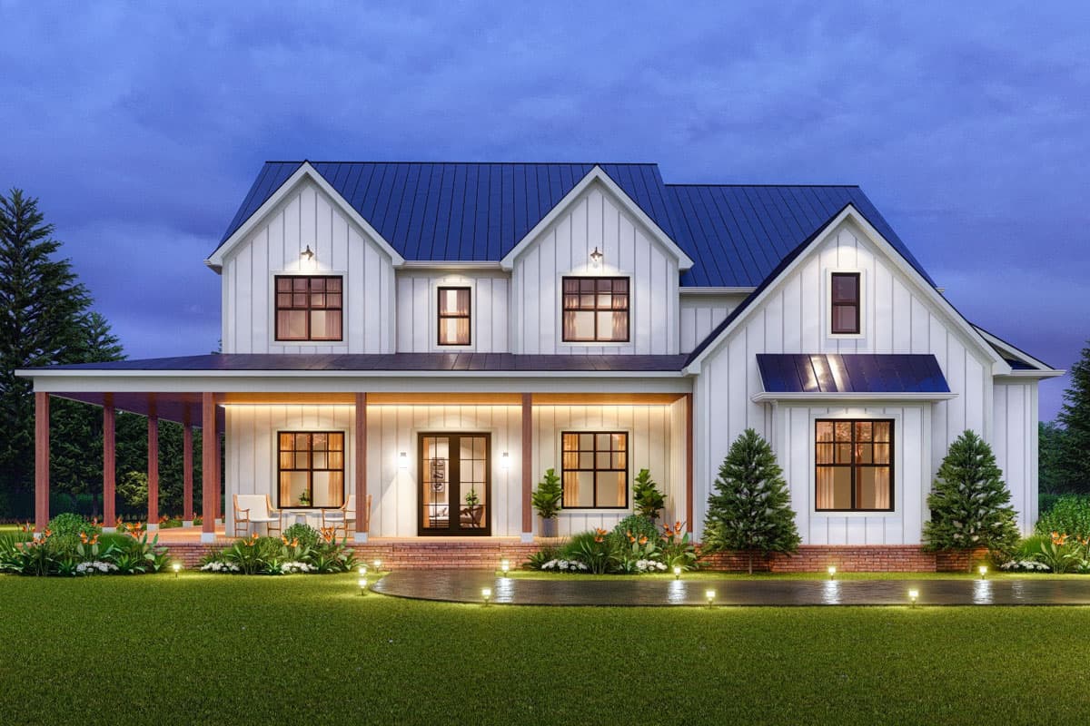 House plan exterior. Two-story Modern Farmhouse with a gabled roof, covered porch, and multiple dormers. Features include board and batten siding.