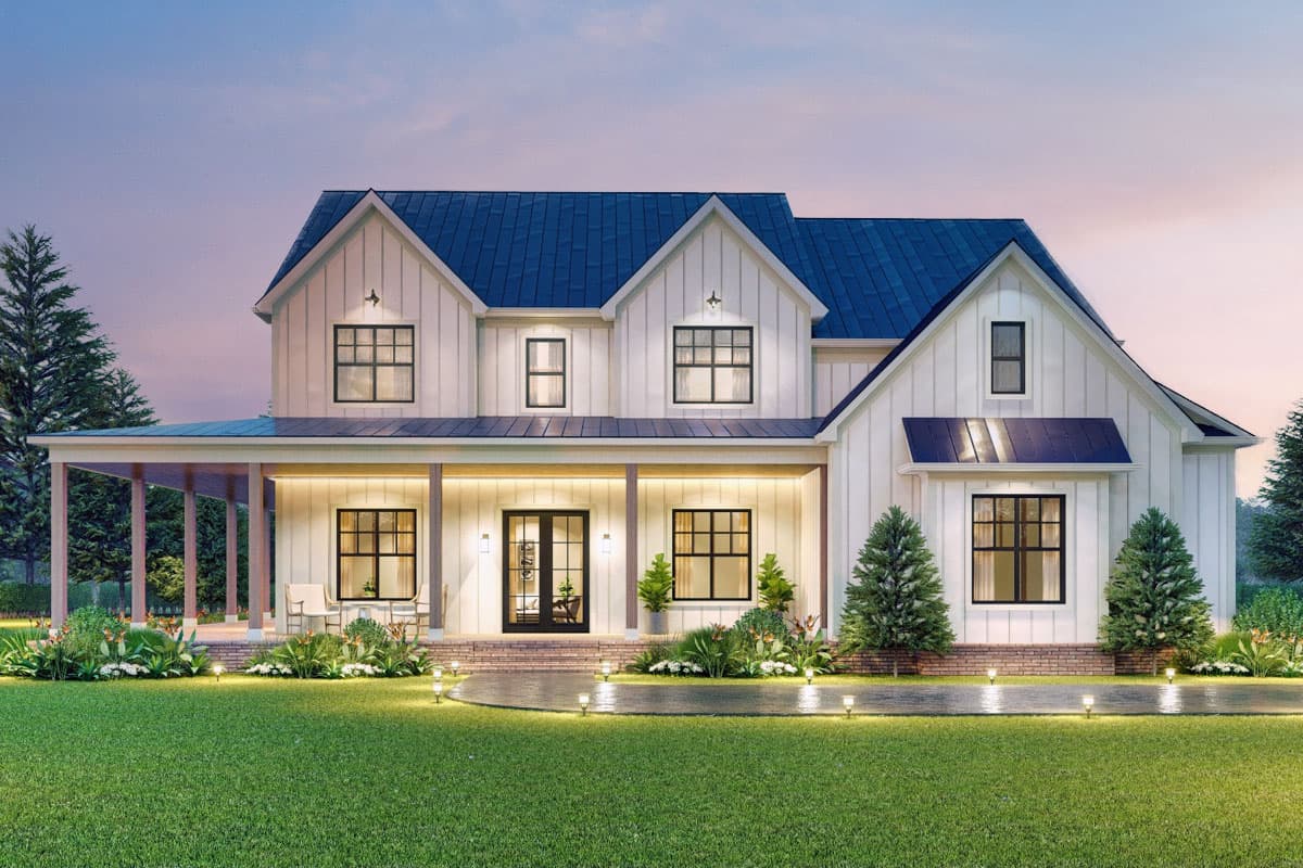 Modern Farmhouse house plan exterior with a wrap-around porch, multiple gables, and dark-framed windows.