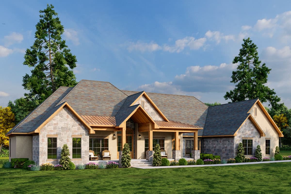 House plan exterior: One-story home with stone accents, prominent gables, covered porch with timber supports, and multi-level rooflines.