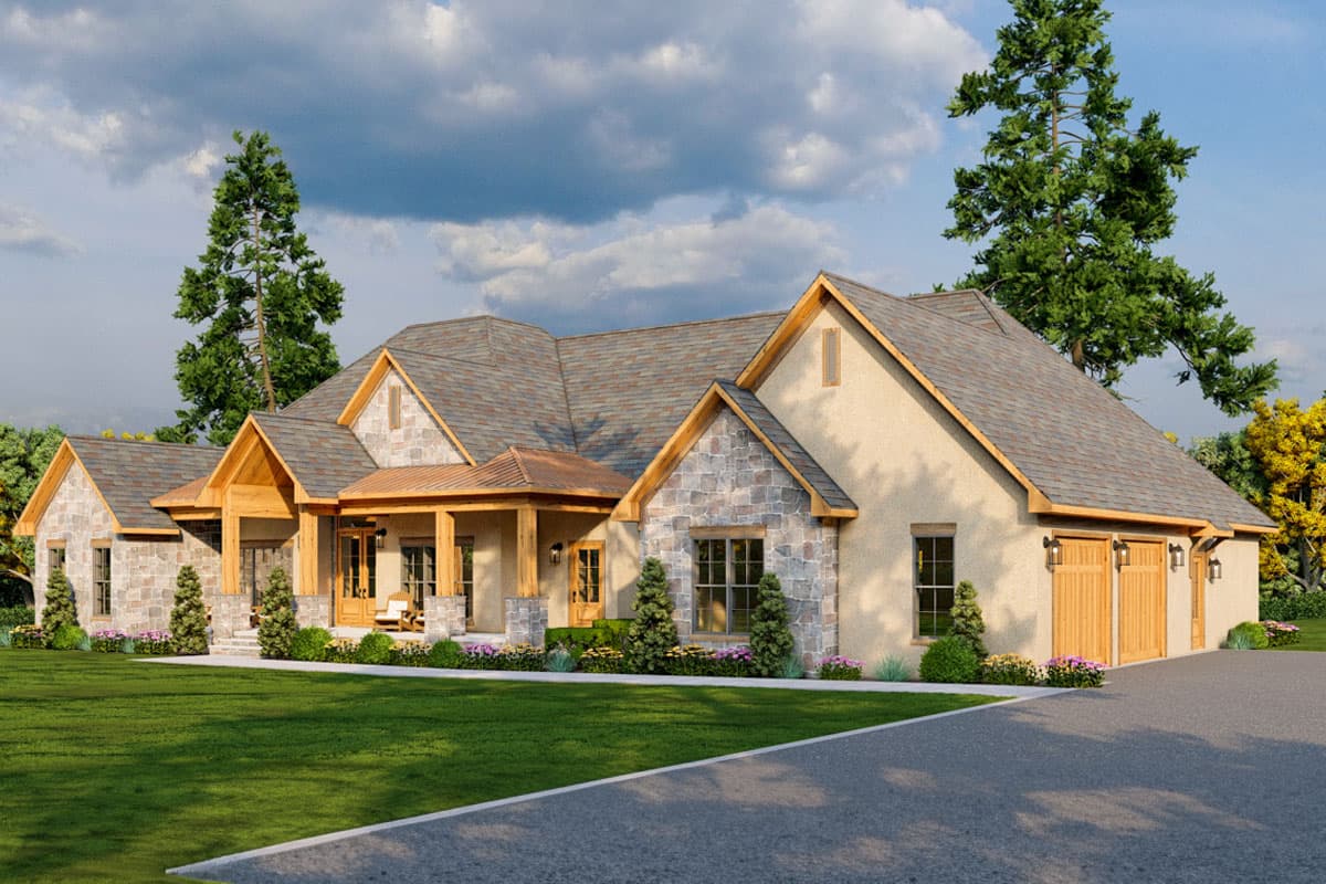 House plan exterior: Traditional style with stone accents, covered front porch, and a three-car garage.