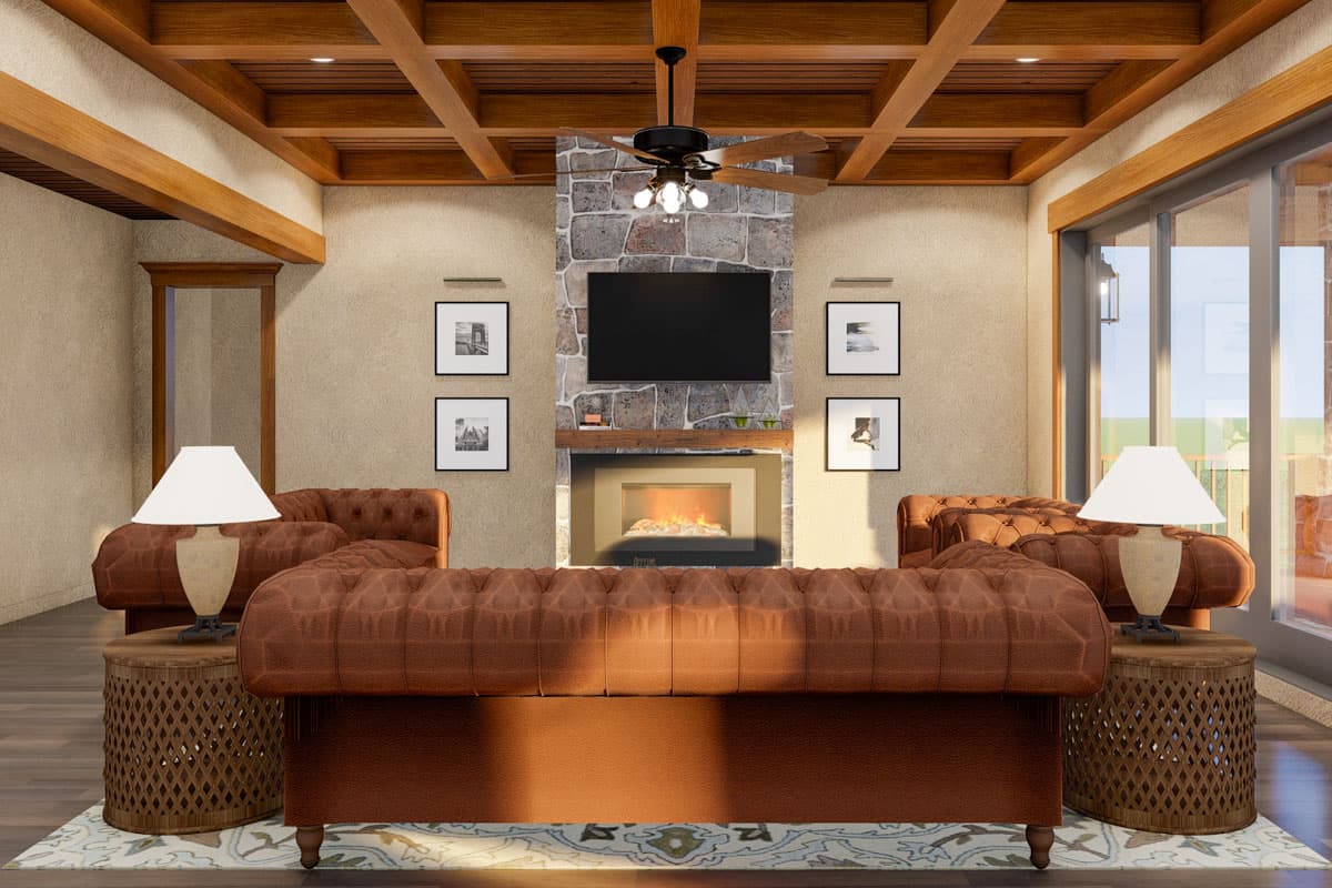 Plan 70891MK: 3-Bed Rustic House Plans with Coffered Great Room and Screened Porch - 3243 Sq Ft - Image #12 - Mountain, New American, Ranch, Rustic